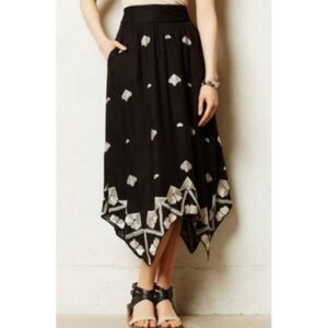 Anthropologie Floreat Black Cream Embroidered Handkerchief Midi Skirt Size 2 - 4